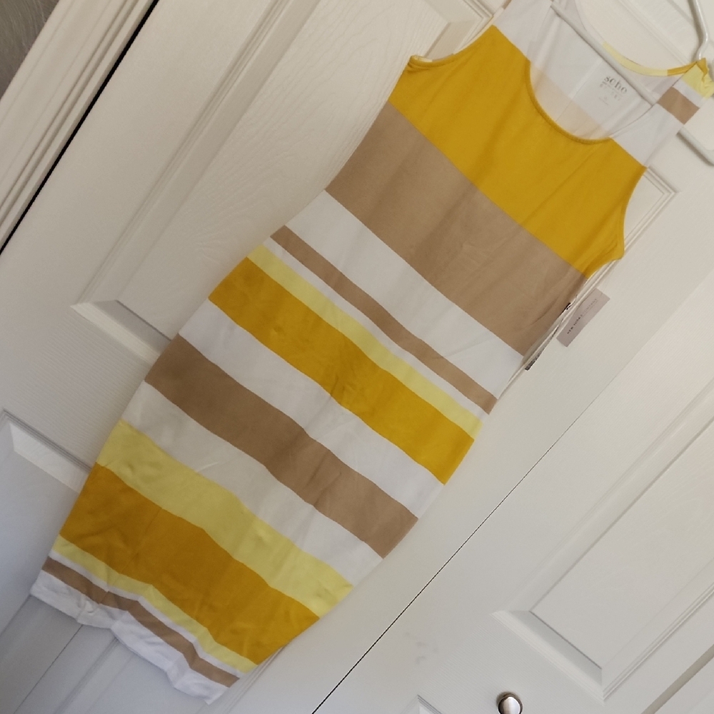 New York & Company Beige, White & Yellow Striped Sleeveless Dress